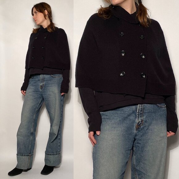 Vintage Jackets & Blazers - Vintage Y2K Black Knit Funnel Neck Cropped Double Breasted Poncho Cape! One Size